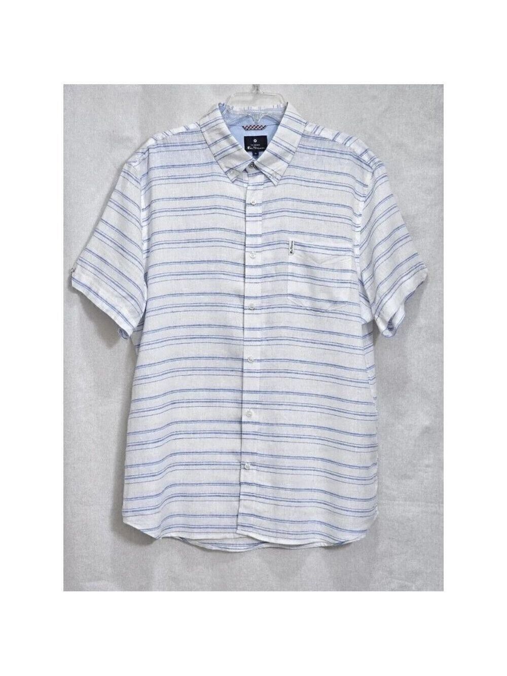 Ben Sherman Men's striped linen button up shirt Large Blue white